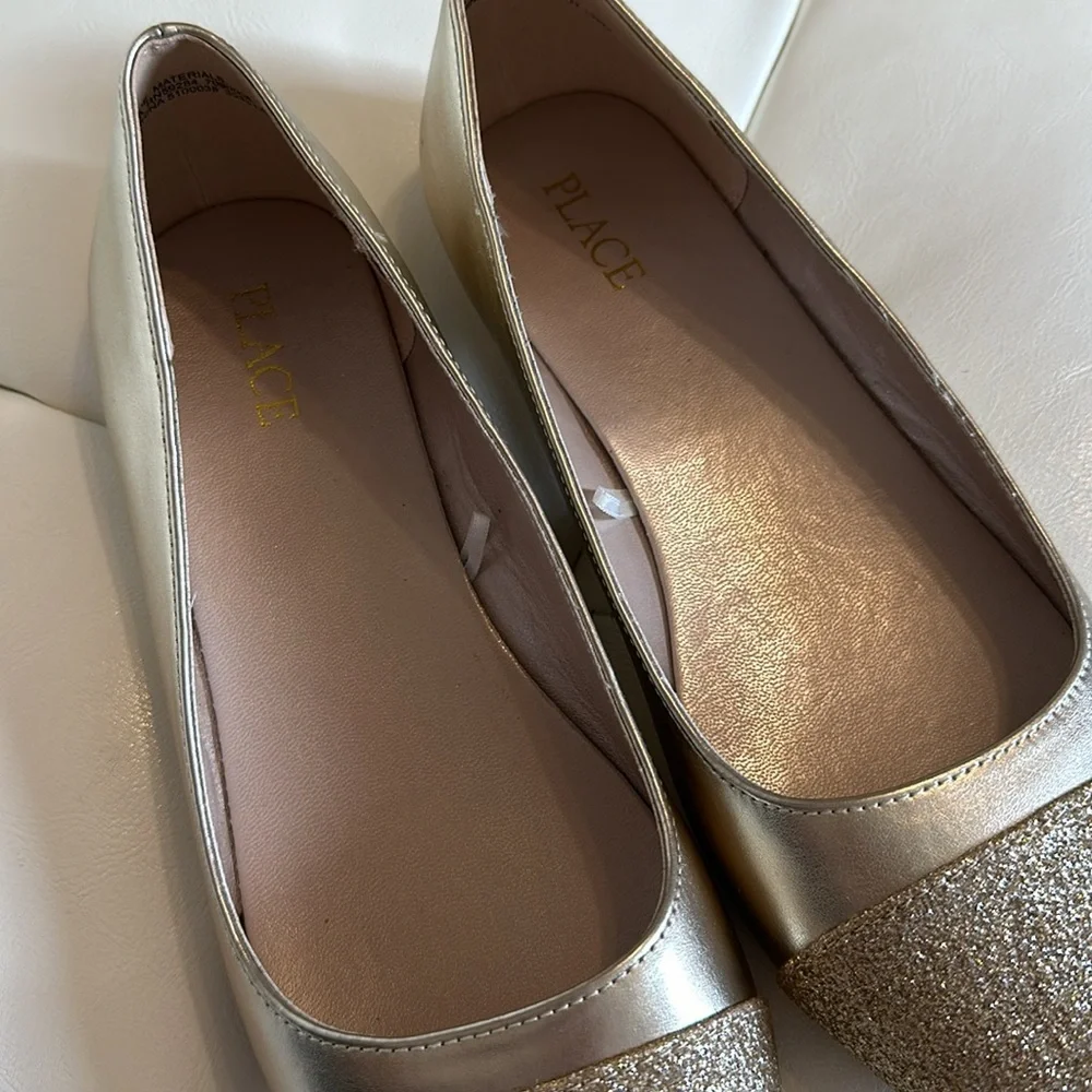 🎀 Place Girls Gold Glitter Slip On Shoes Flats Party Formal Gorgeous